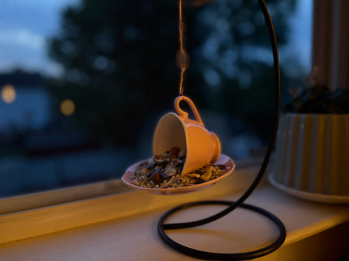Pink tea cup bird feeder for garden