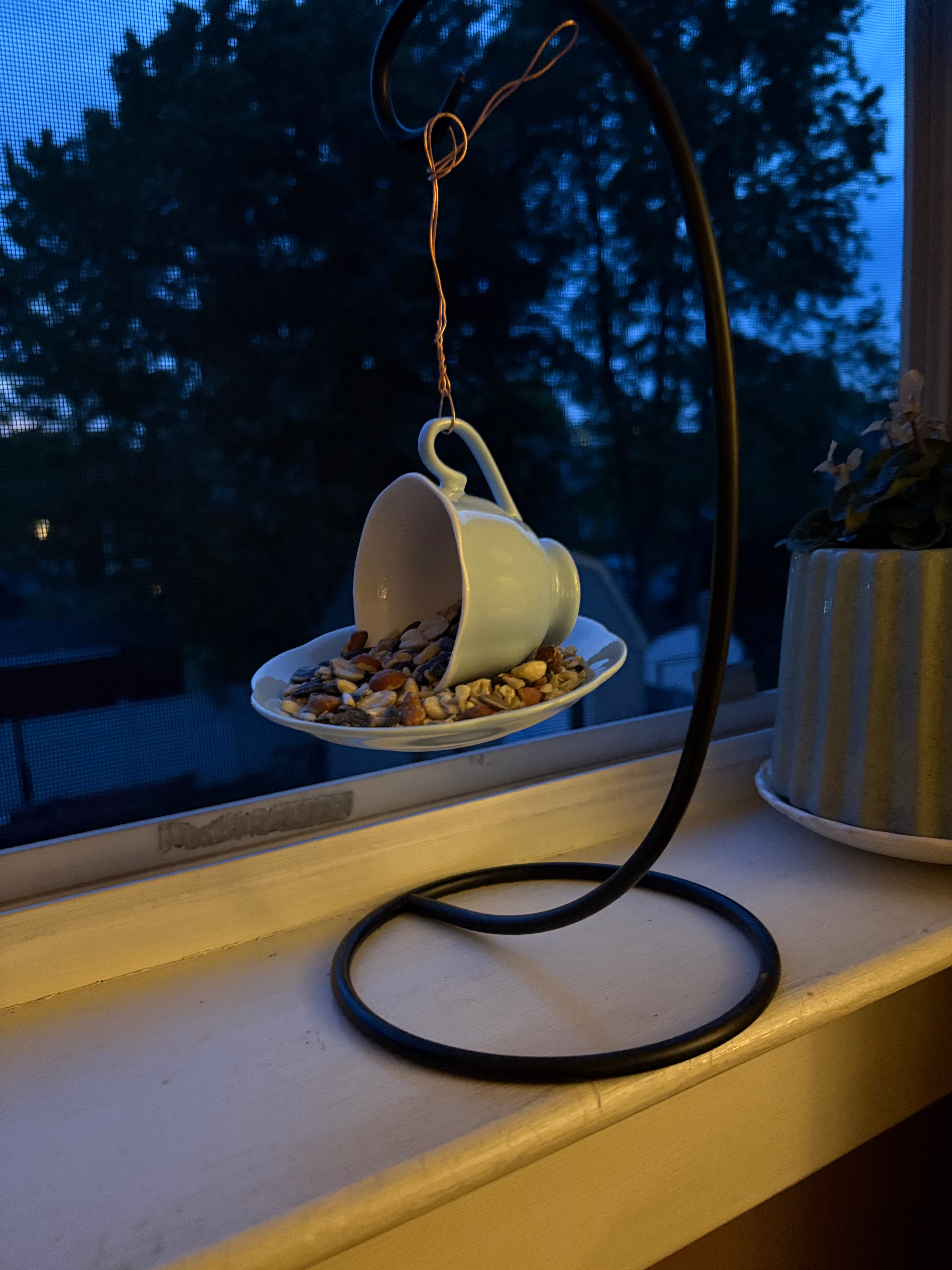 Tea cup bird feeder for garden