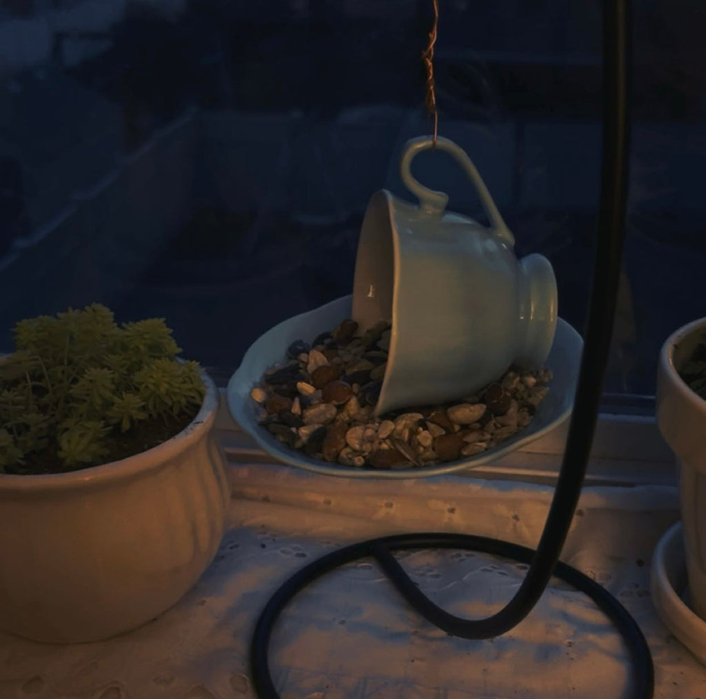 Tea cup bird feeder for garden